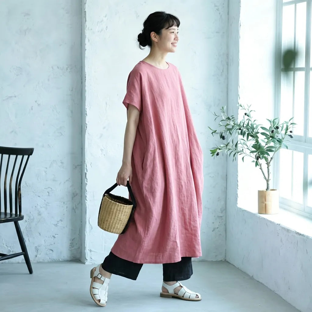 M-XL 脇ポケットリネン ロングワンピース ナチュラル
