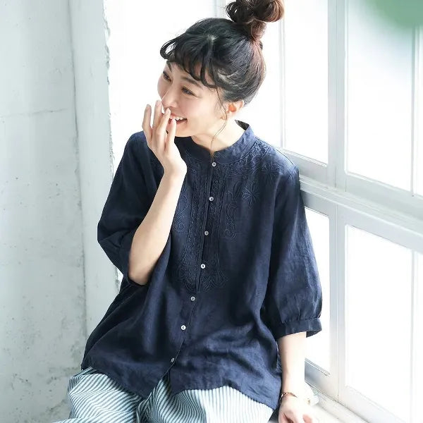 M-2XL 綿麻 ゆったり刺繍シャツ 柔らか肌触り 毎日使える