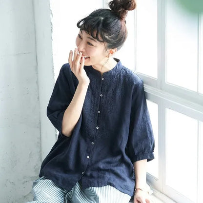 M-2XL 綿麻 ゆったり刺繍シャツ 柔らか肌触り 毎日使える