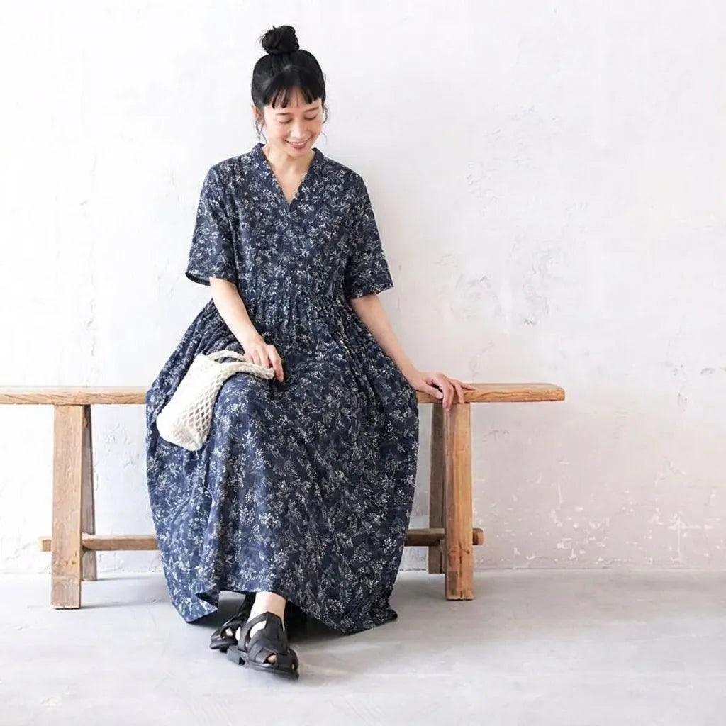 V ネック花柄ルーズワンピース