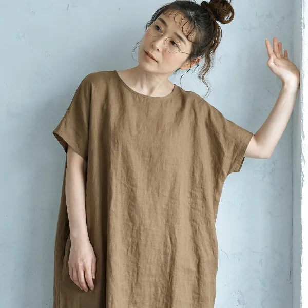 M-XL 脇ポケットリネン ロングワンピース ナチュラル