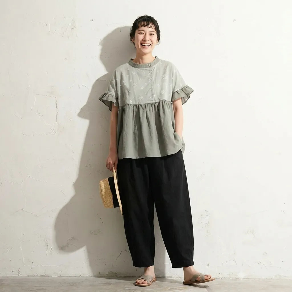 まいにちの相棒に。気取らない大人的ペプラムシャツ プリント