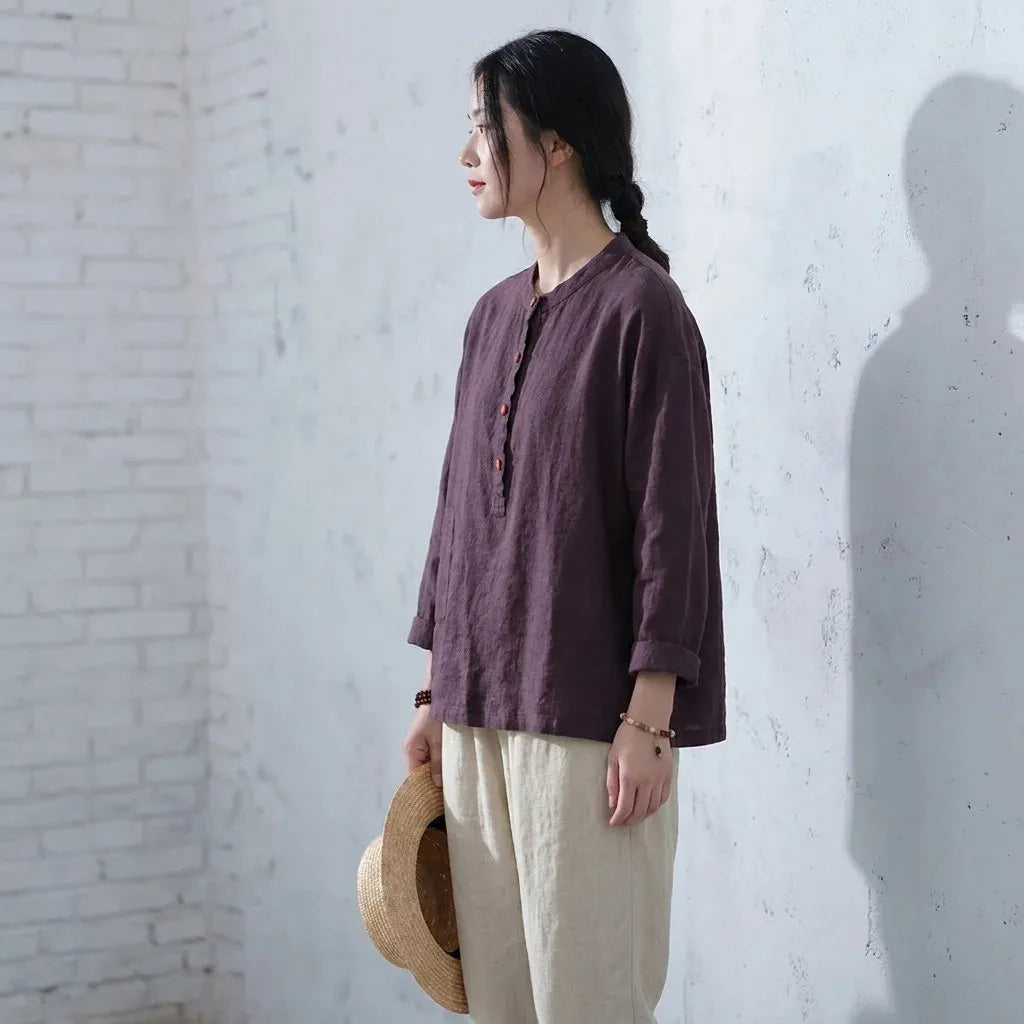 M~3XL レトロ コットン リネン 立襟 プルオーバー 長袖シャツ