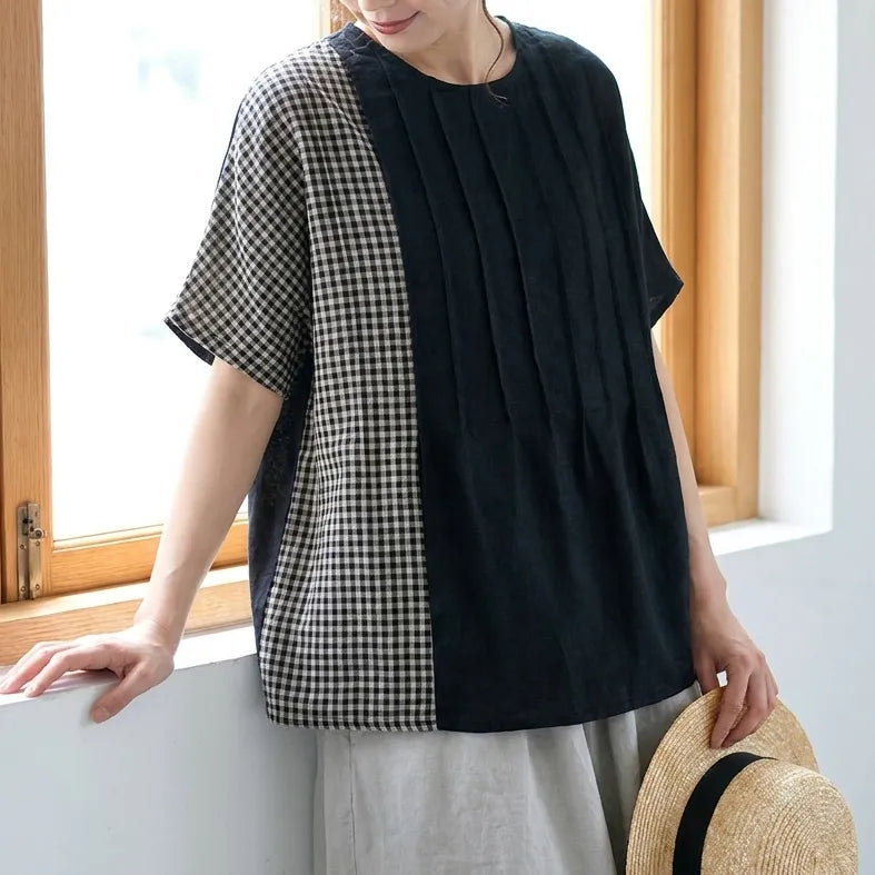 M-XL 綿麻 チェック柄 プリーツ 切り替え Tシャツ