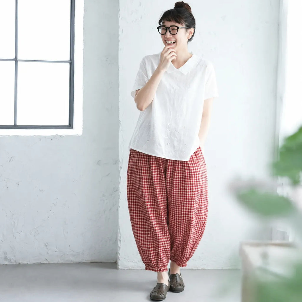 ナチュラル M~2XL リラックス＆レトロな夏の定番アイテム 半袖ブラウス/ダボシャツ・ラクに着られる