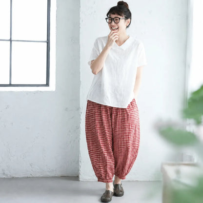 ナチュラル M~2XL リラックス＆レトロな夏の定番アイテム 半袖ブラウス/ダボシャツ・ラクに着られる