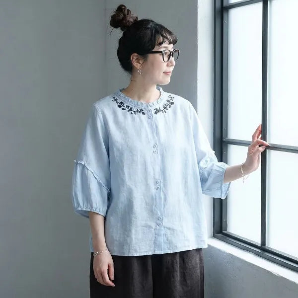 M-2XL 刺繍フリル襟リネンバルーン袖ブラウス