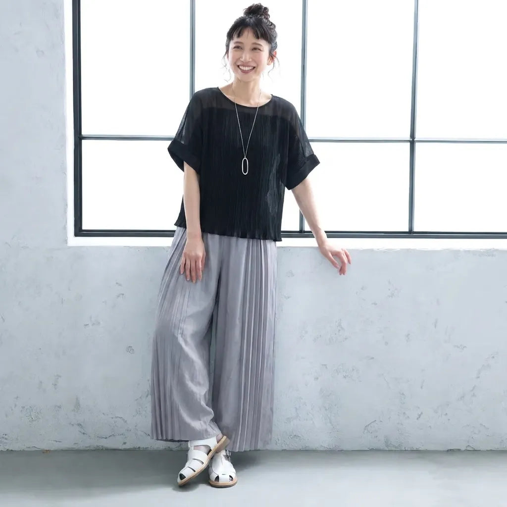 【単品注文】クルーネックバットスリーブ半袖トップスとプリーツワイドパンツセットアップ