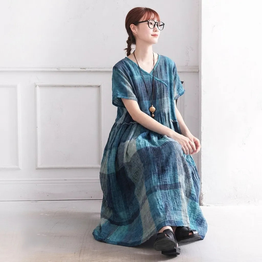 M-2XL 綿麻 配色 半袖 プリーツ 幾何模様 ファッション ワンピース