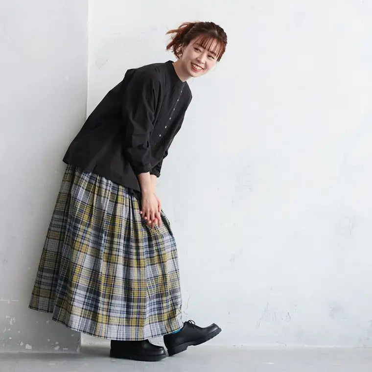 コットンのゆったりイエロー × グレーチェック ギャザー入り 森系 スカート