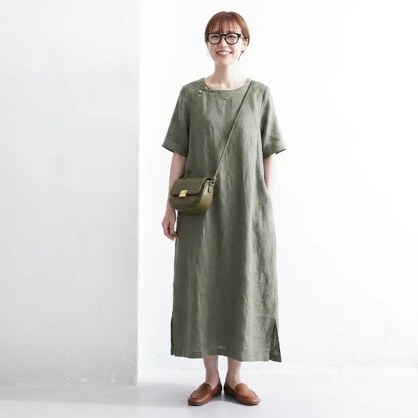 M-2XL 綿麻リネン 薄手素材 ラウンドネック 半袖 ルーズ レトロ 高見え 半袖 ロングワンピース