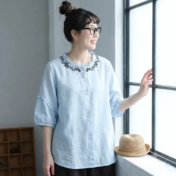 M-2XL 刺繍フリル襟リネンバルーン袖ブラウス