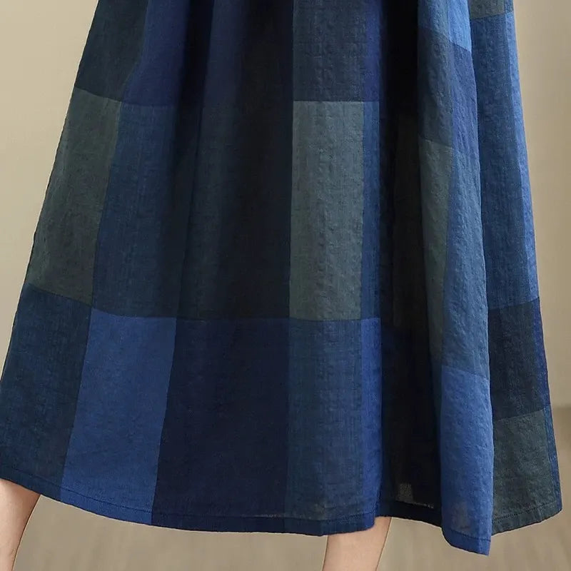 涼風の紺リネンチェック柄カジュアルワンピース