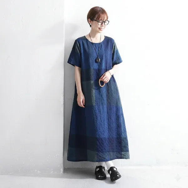 M-2XL 綿麻 チェック柄 Aライン 半袖 カジュアル 半袖ワンピース