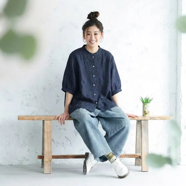 M-2XL 綿麻 ゆったり刺繍シャツ 柔らか肌触り 毎日使える