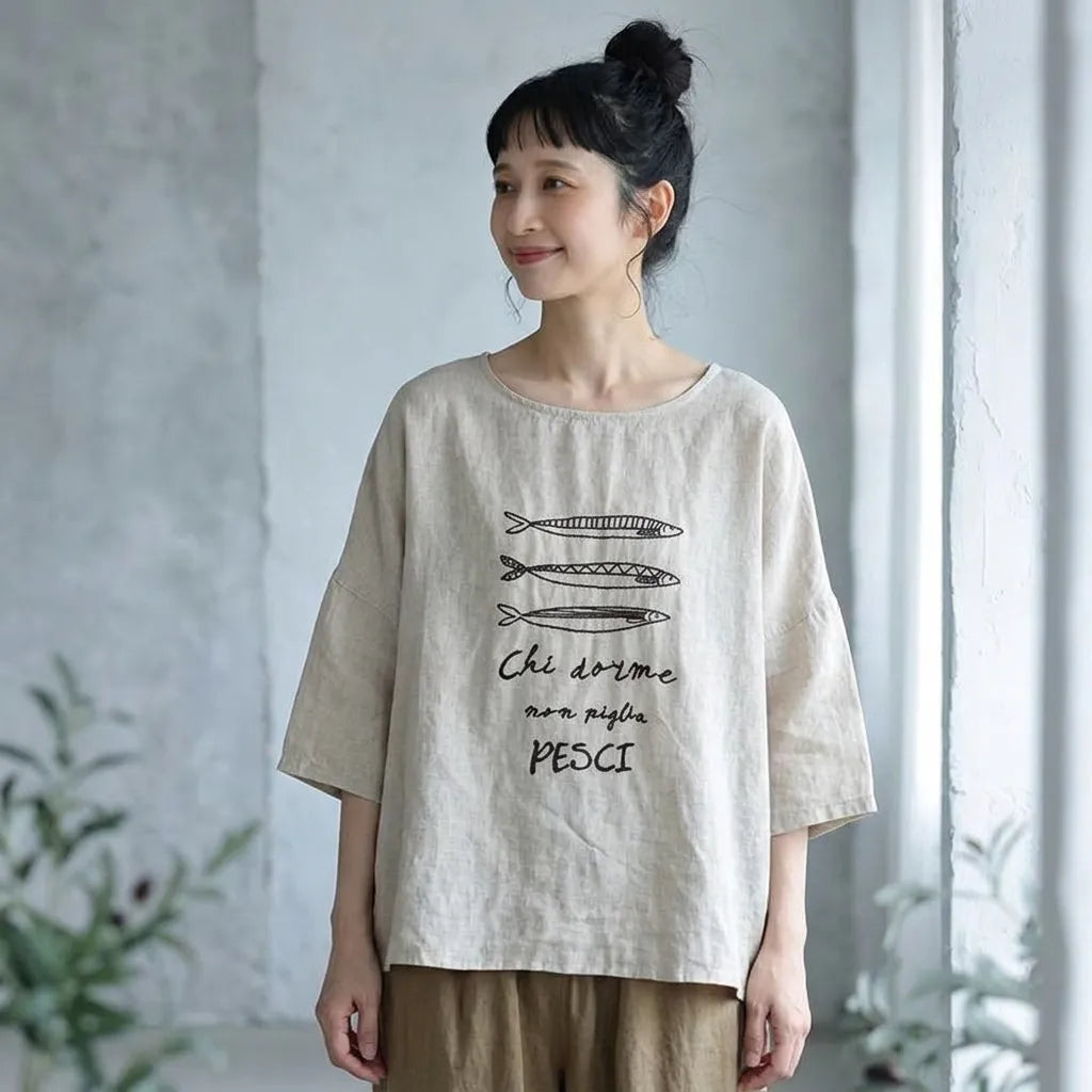 宵闇の屋上で星屑を数える、リネン混プルオーバー Tシャツ