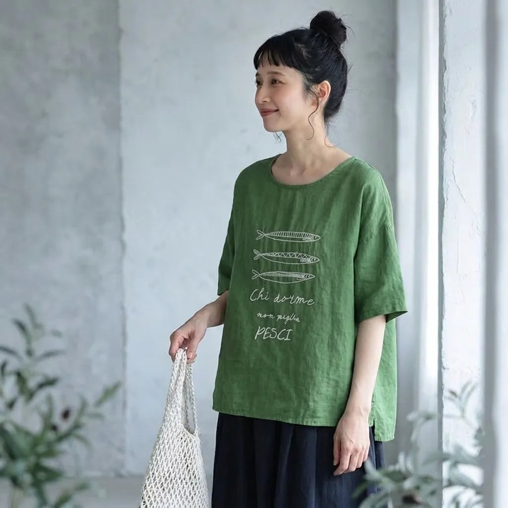 宵闇の屋上で星屑を数える、リネン混プルオーバー Tシャツ