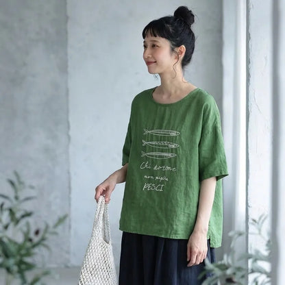 宵闇の屋上で星屑を数える、リネン混プルオーバー Tシャツ
