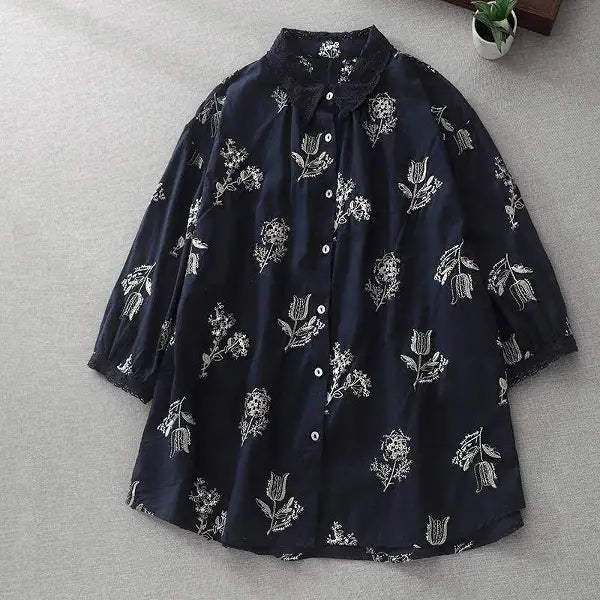 M-2XL 通気性良い 花模様 刺繍 清新 シャツ