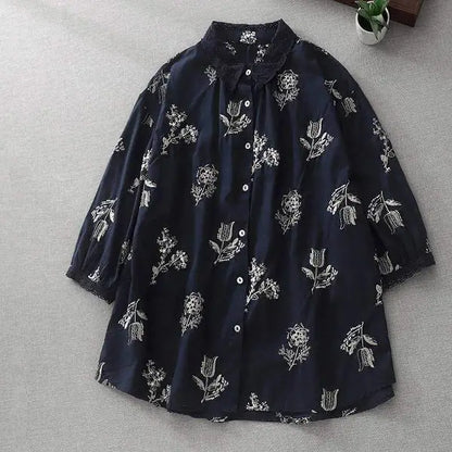 M-2XL 通気性良い 花模様 刺繍 清新 シャツ
