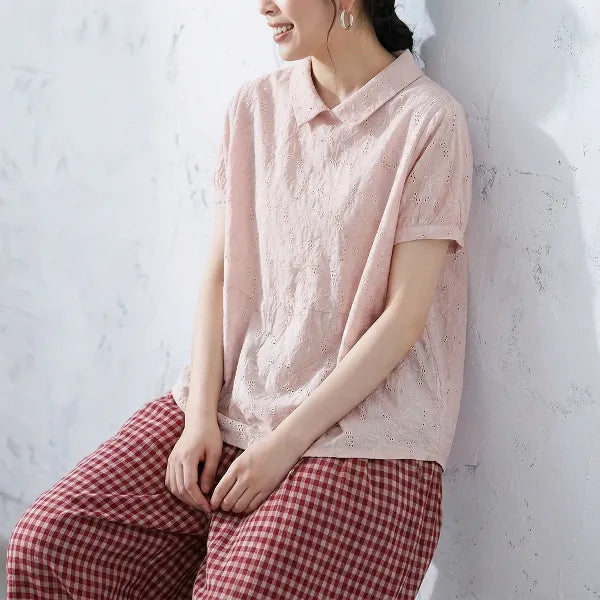 ナチュラル M~2XL リラックス＆レトロな夏の定番アイテム 半袖ブラウス/ダボシャツ・ラクに着られる
