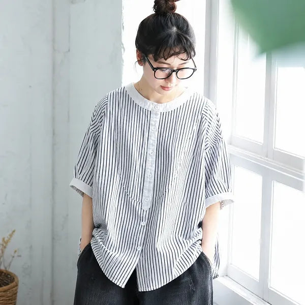 F コットン 半袖 ストライプ柄 シャツ