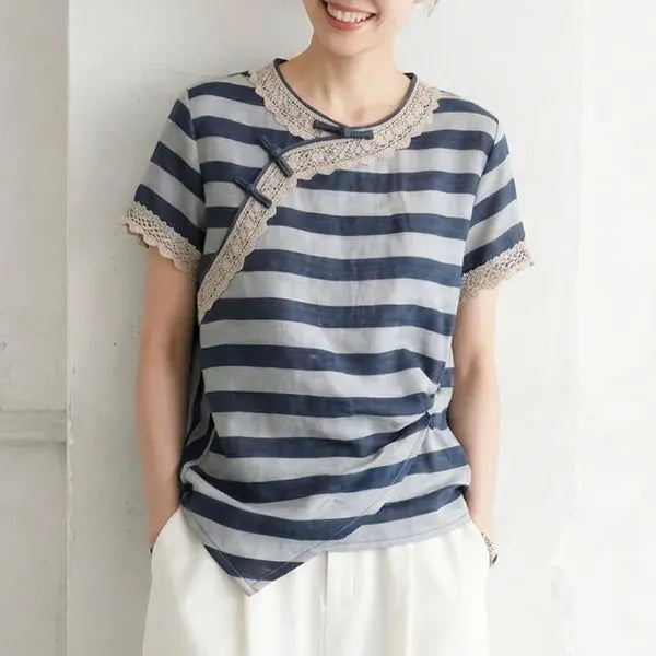 S-XL 大流行新作 レース 半袖 切り替え ボタン ボーダー 配色 ファッション Tシャツ