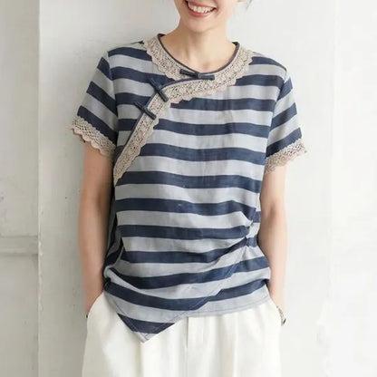 S-XL 大流行新作 レース 半袖 切り替え ボタン ボーダー 配色 ファッション Tシャツ