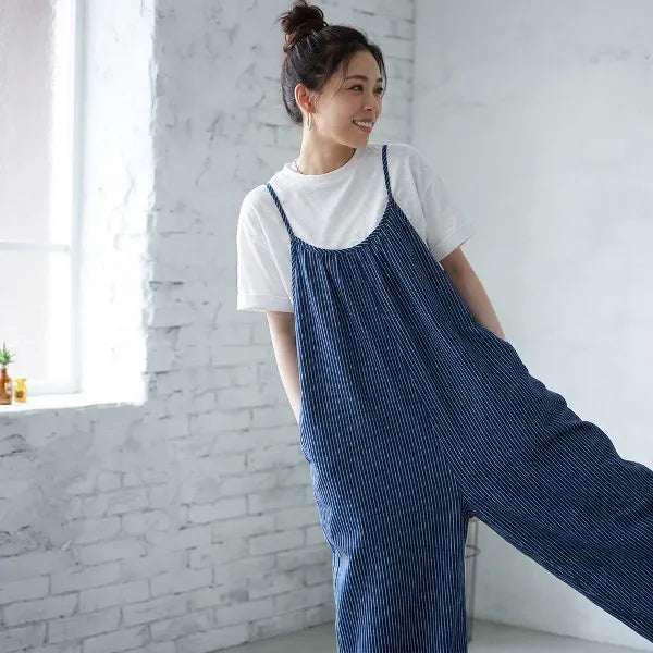M~2XL コットン ストライプ柄 ノースリーブ オールインワン
