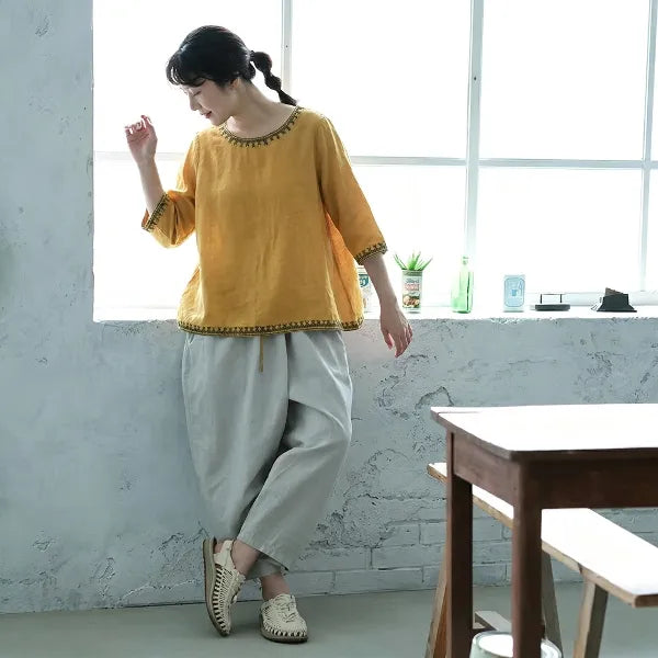 M-3XL 綿麻 ナチュラル 肌触り柔らかい 五分袖 刺繍 無地 毎日使える Tシャツ
