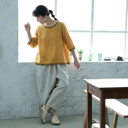 M-3XL 綿麻 ナチュラル 肌触り柔らかい 五分袖 刺繍 無地 毎日使える Tシャツ
