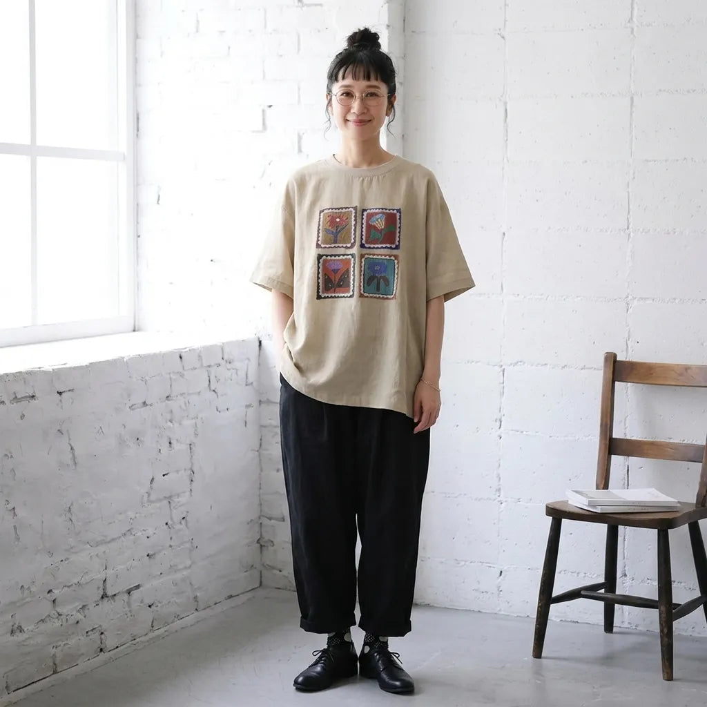 ルーズな雰囲気細見え半袖プルオーバーTシャツ