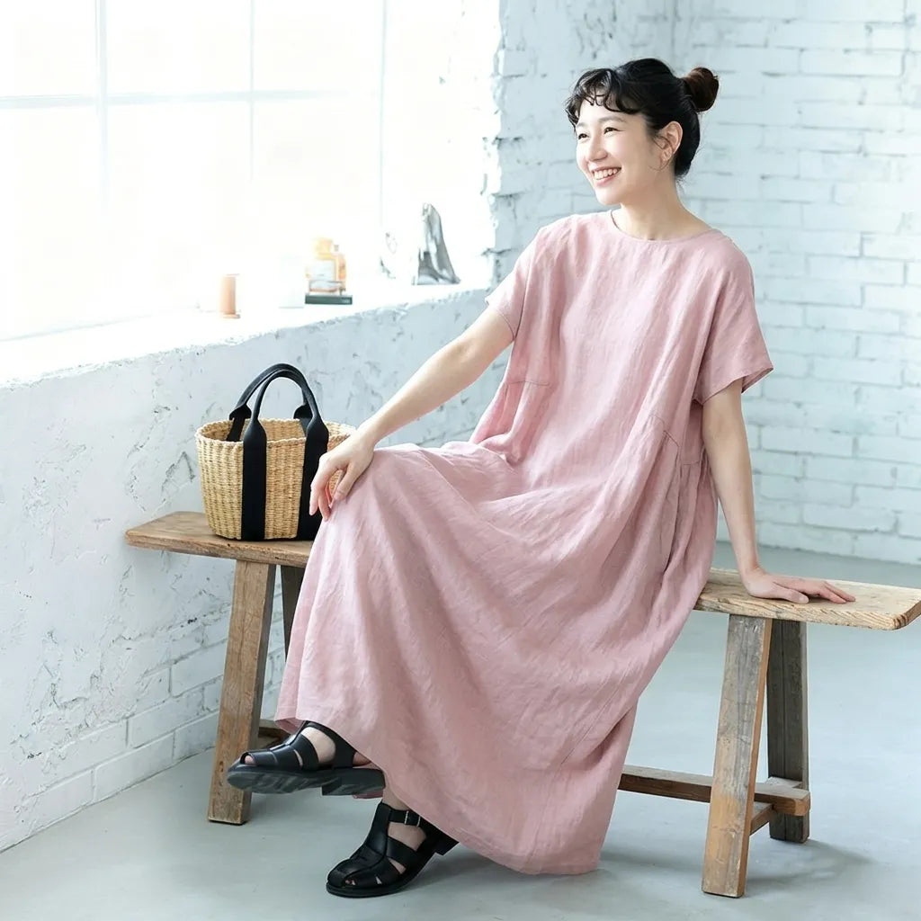 M-XL 脇ポケットリネン ロングワンピース ナチュラル