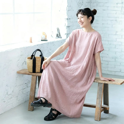 M-XL 脇ポケットリネン ロングワンピース ナチュラル