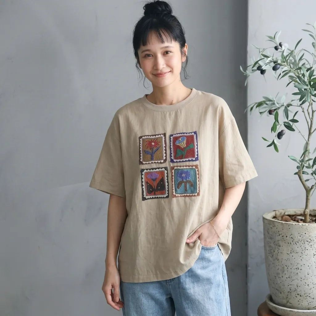 ルーズな雰囲気細見え半袖プルオーバーTシャツ