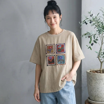 ルーズな雰囲気細見え半袖プルオーバーTシャツ