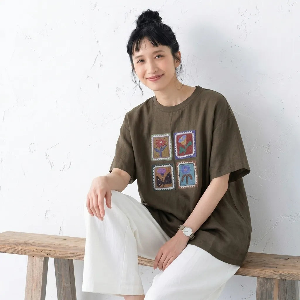 ルーズな雰囲気細見え半袖プルオーバーTシャツ