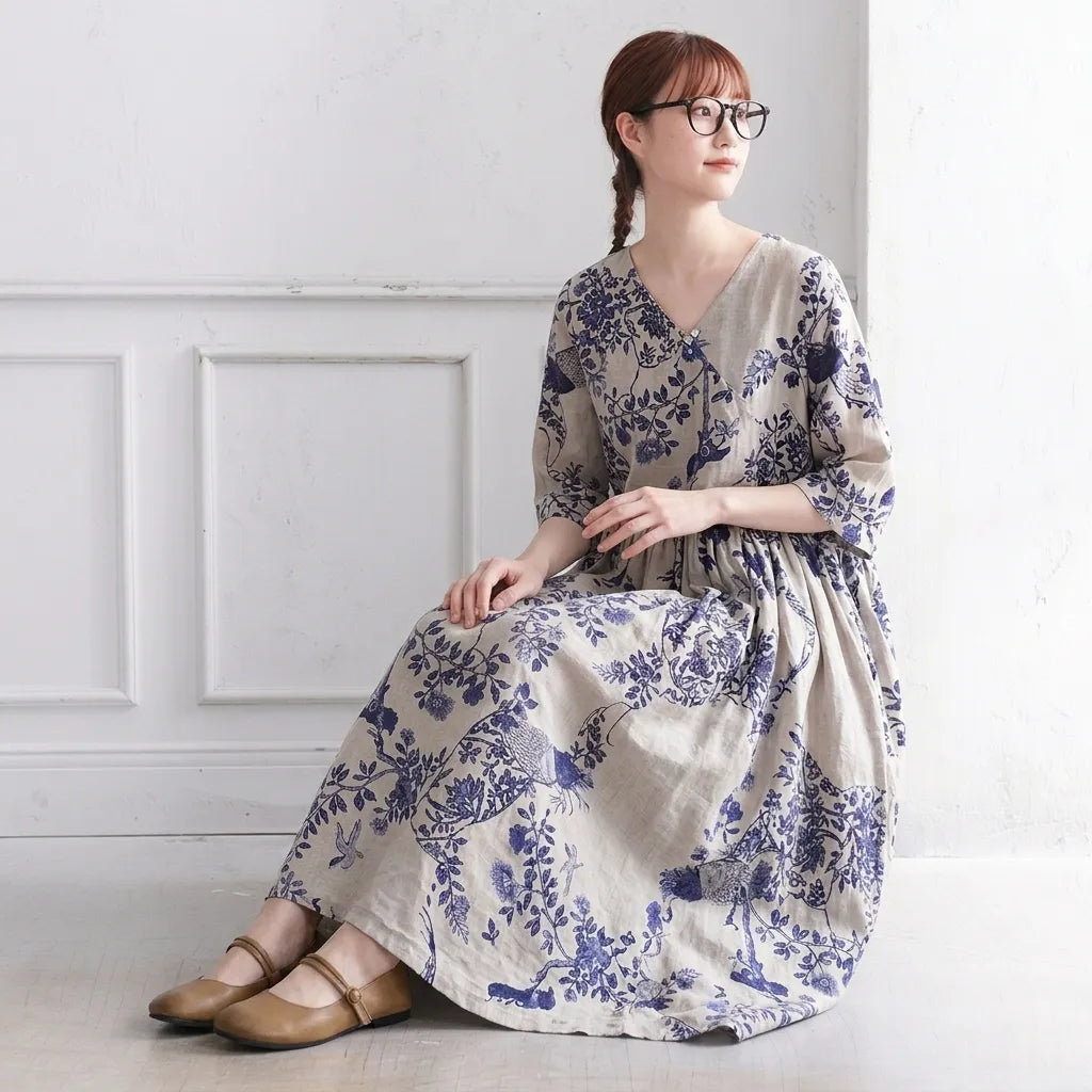 M-2XL ラミー 夏でも涼しい プリント 五分袖 旅行コーデ レトロ ワンピース