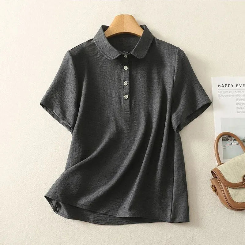 【Ｍ-2XL】リネン生地 綿麻 POLOネック ボタン半開き | 通勤 シャツ