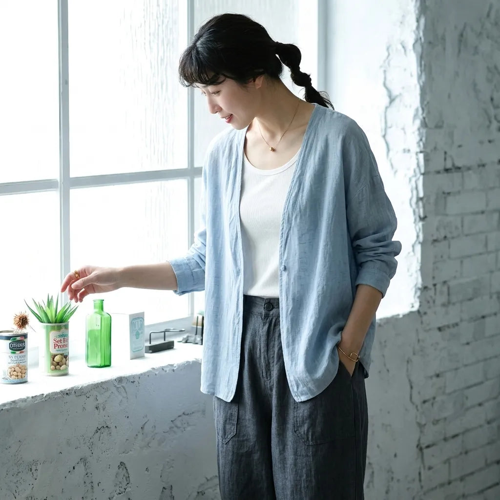 M-3XL 綿麻 通気性良い UVカット 肌触り柔らかい Vネック 日焼け止め服