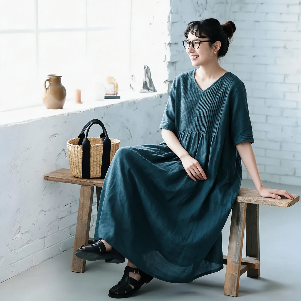 【リネン】M-2XL 袖あり！Vネック 五分袖 Aライン なみなみタック 着心地が良い ワンピース