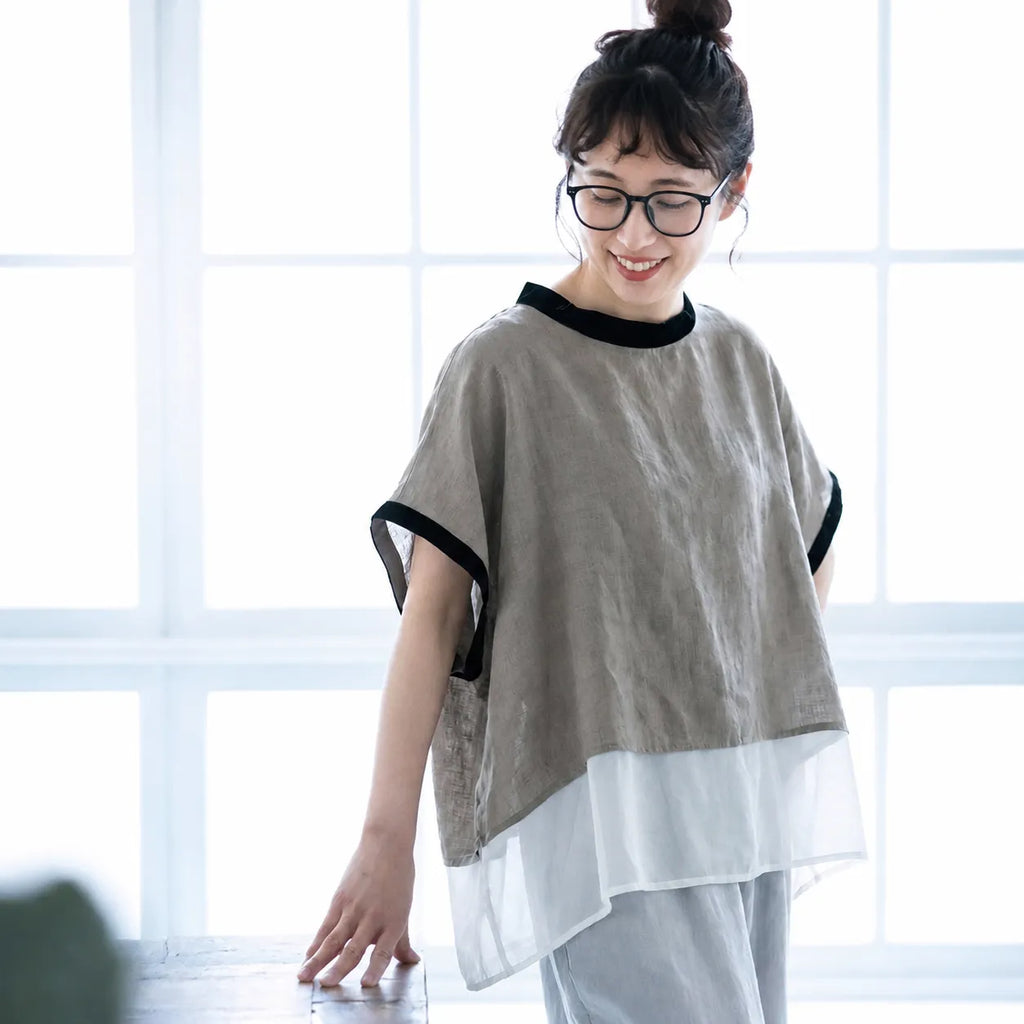 S-L 綿麻 ノーマルスリーブ 切り替え 半袖 重ね着風 配色 カジュアル シャツ