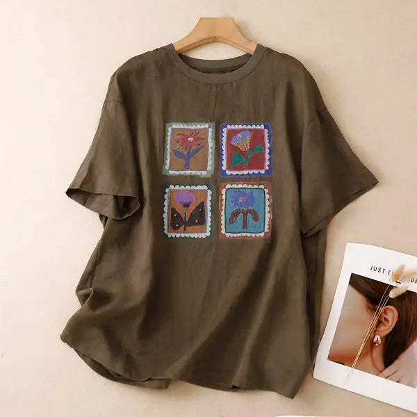 M-2XL 花模様 プリント ノーマルスリーブ 半袖 ラウンドネック カジュアル Tシャツ