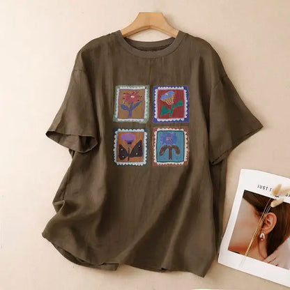 M-2XL 花模様 プリント ノーマルスリーブ 半袖 ラウンドネック カジュアル Tシャツ