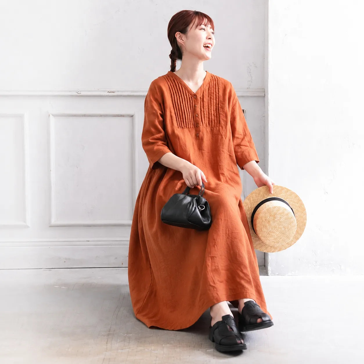 M-3XL 綿麻 リーツ 五分袖 無地 シンプル 半袖ワンピース