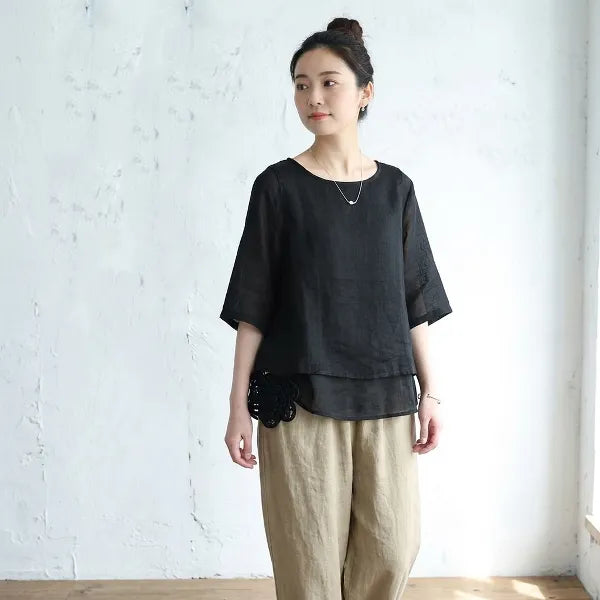 M-2XL 綿麻 レトロ 重ね着風 ゆったり サイドボタン プルオーバー シャツ