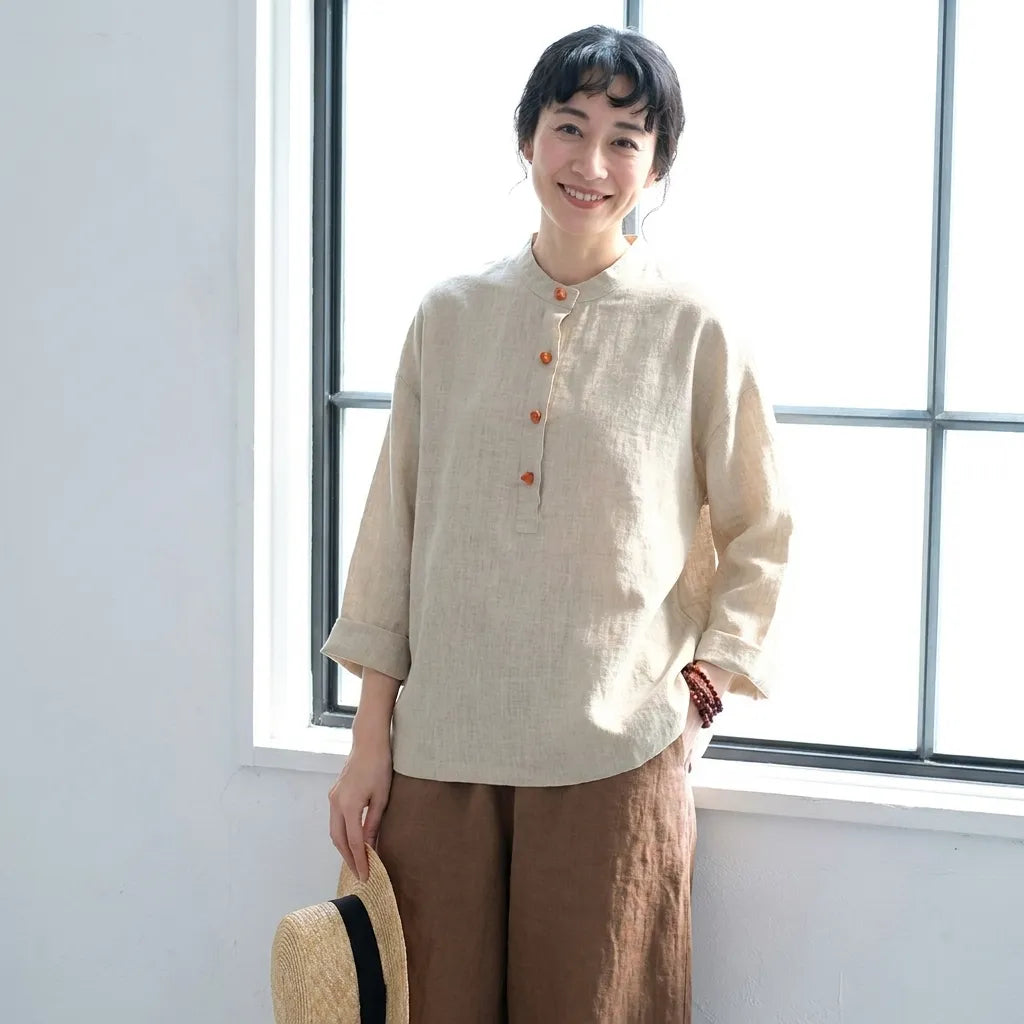 M~3XL レトロ コットン リネン 立襟 プルオーバー 長袖シャツ
