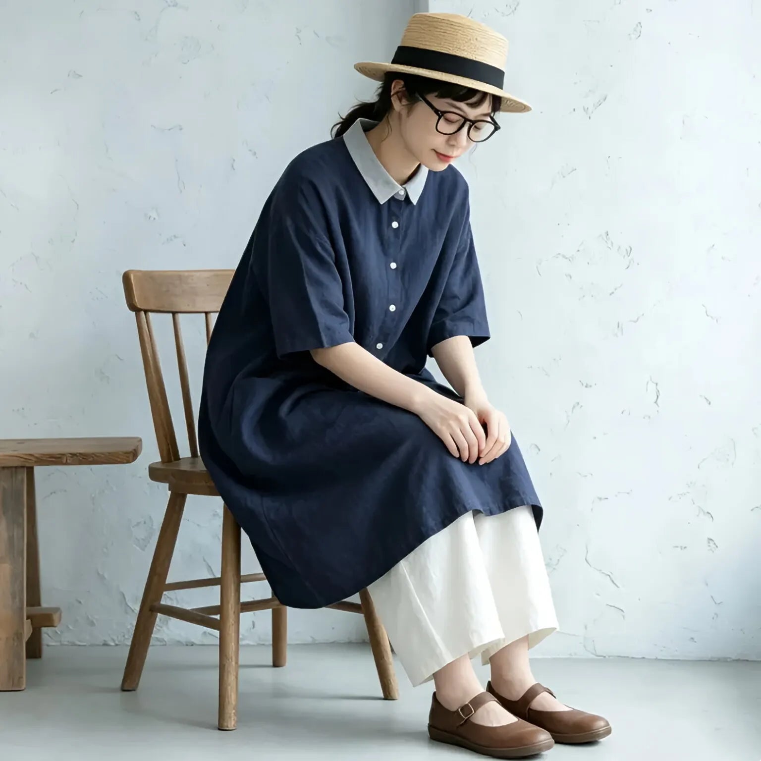 M-2XL 綿麻 ボタン 配色 切り替え 五分袖 シンプル カジュアルワンピース
