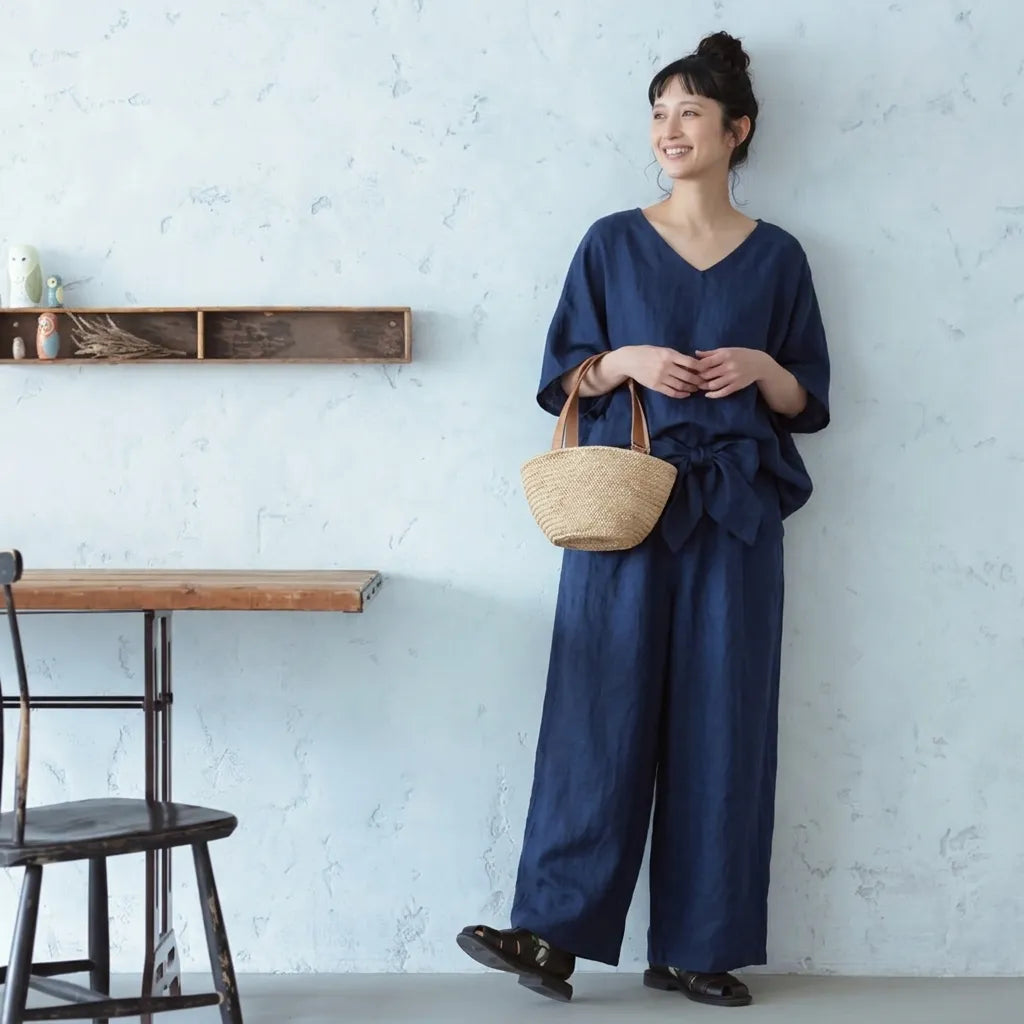 【2点セット】背スリットボタン V 半袖トップス リボンパンツ