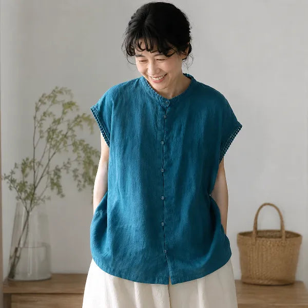 M~2XL 綿麻 スタンドネック 切り替え 無地 デイリー 体型をカバー カジュアル シャツ